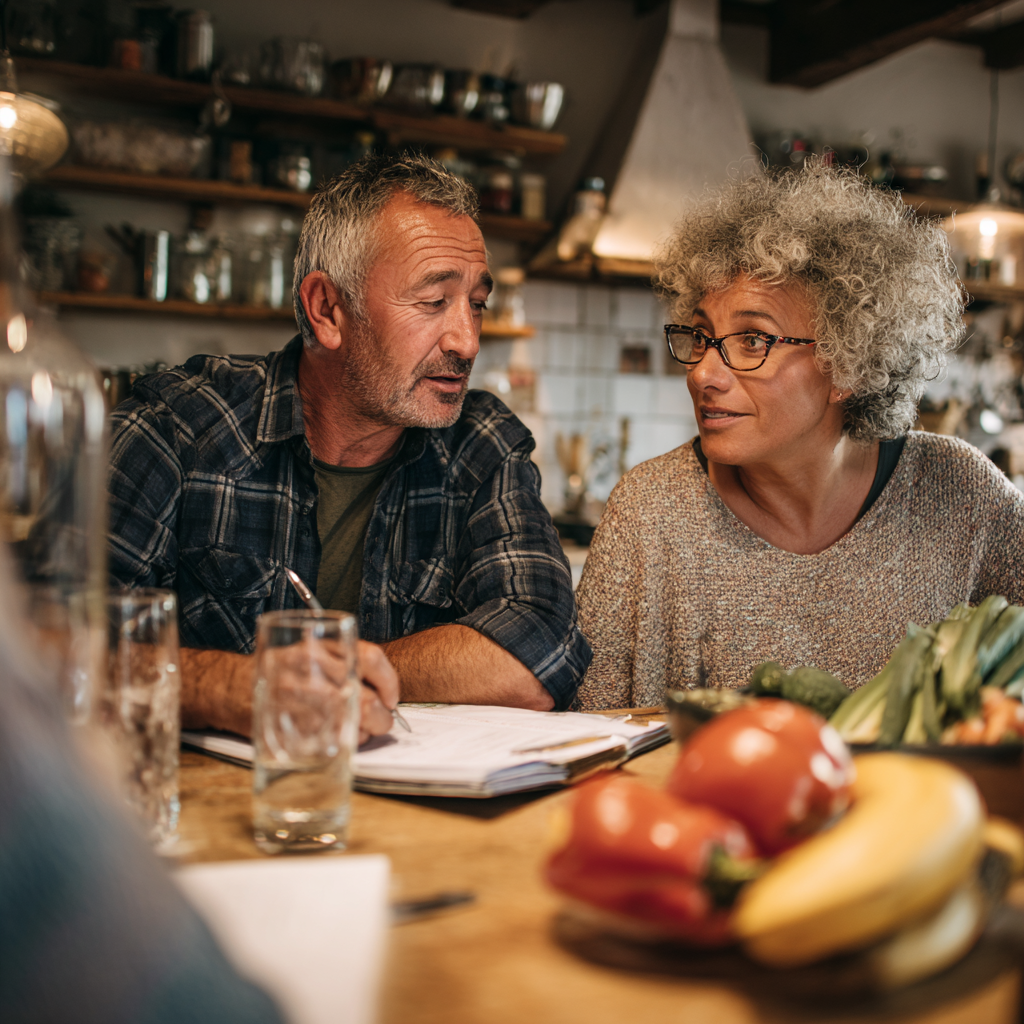 Middle-aged adults discussing meal planning at kitchen table